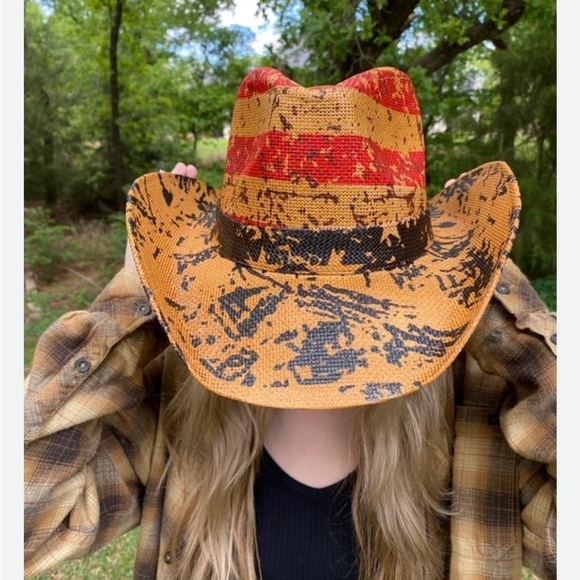 Vintage Tea Stain USA 4th Of July American Flag Shape It Brim Cowboy Western Hat - Picture 2 of 9